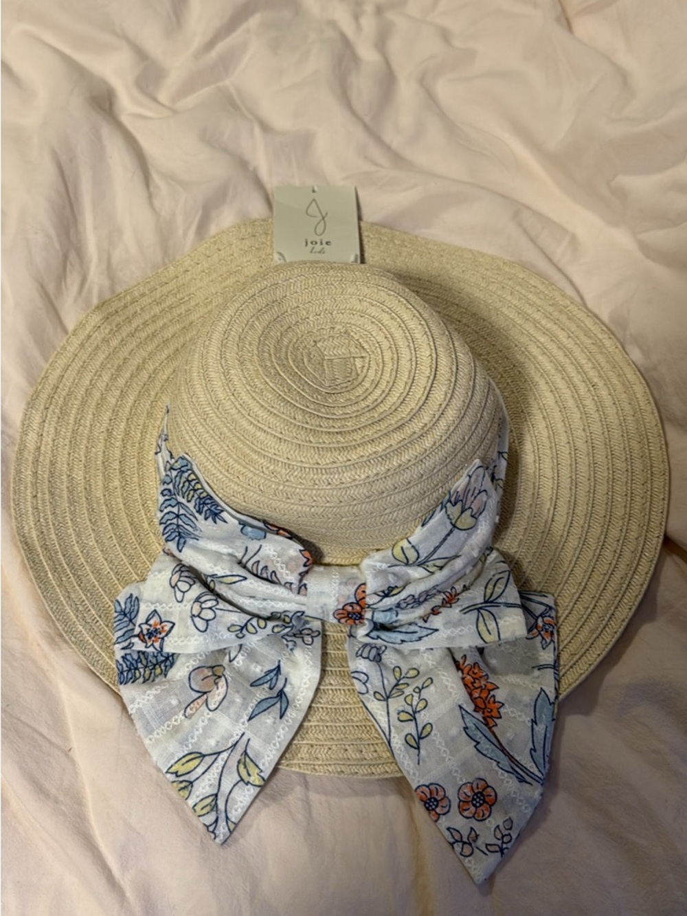 Kids Joie Life Straw Sun Hat with Floral Scarf Bow - Cream & Blue